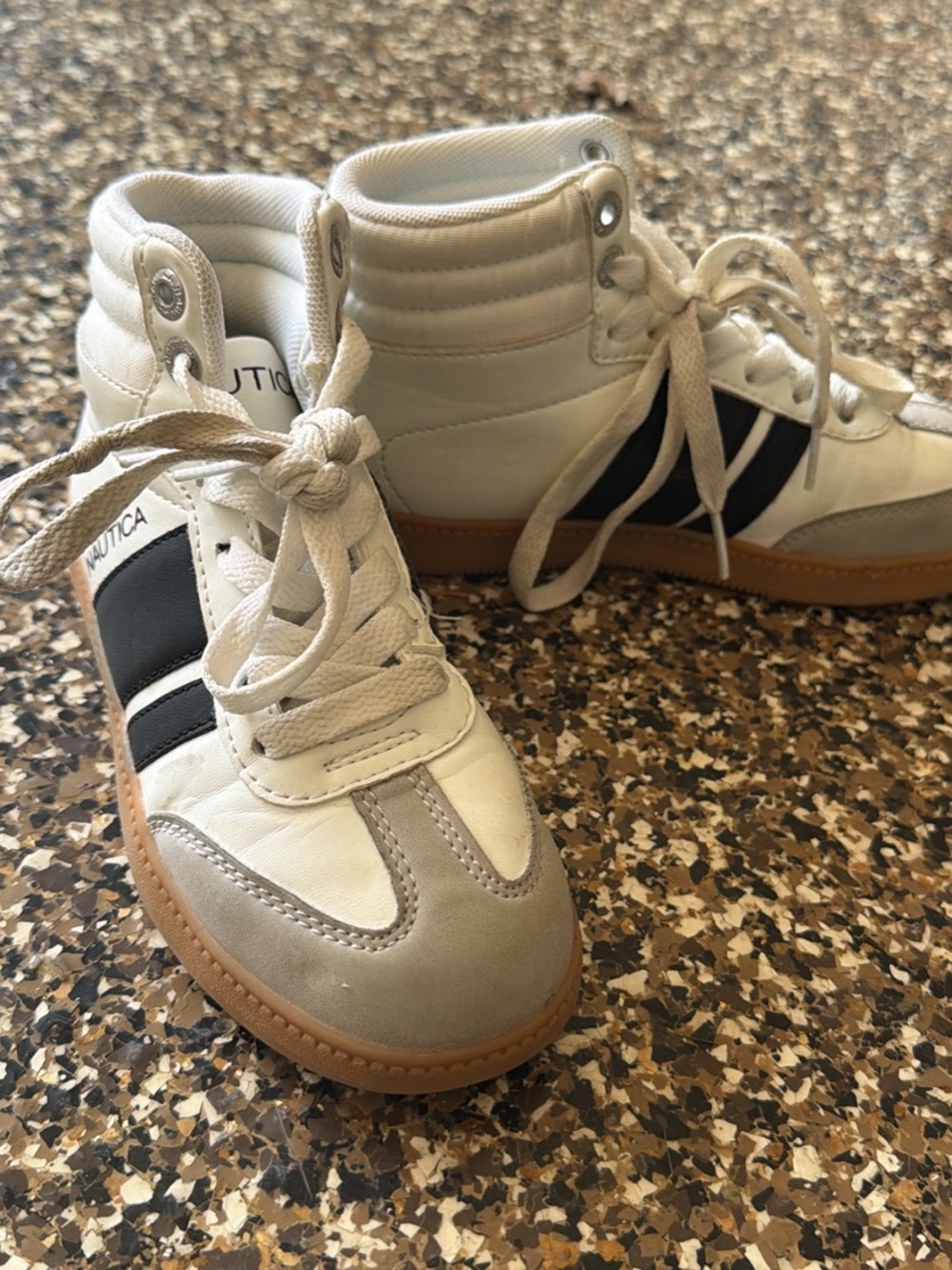 Nautica Kids White High-Top Sneakers with Black Stripes and Gum Sole